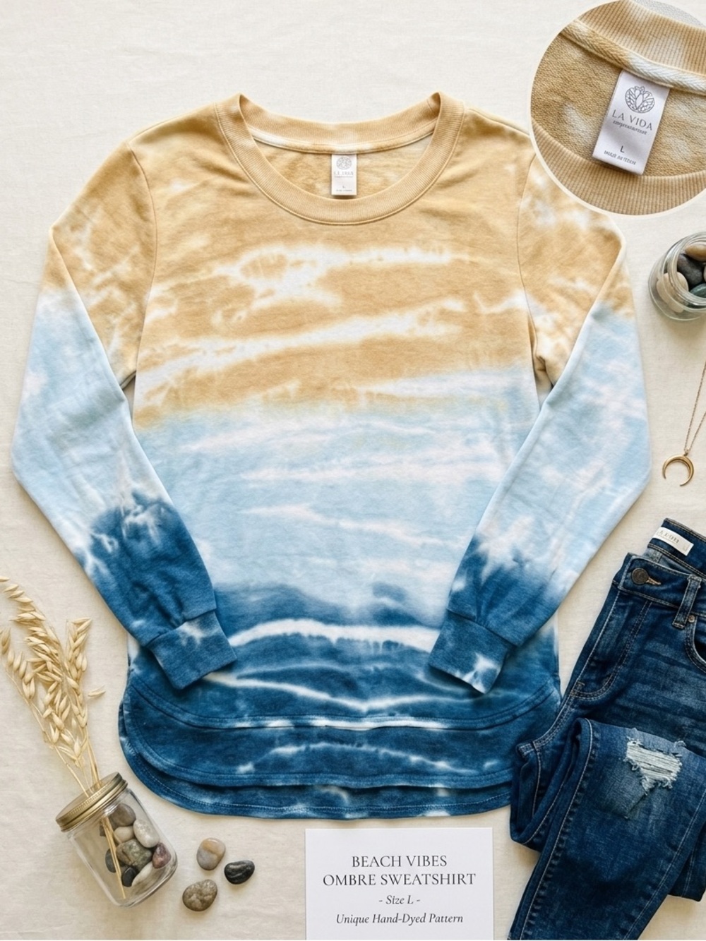 Te Verde Blue Sand Tie Dye Soft Knit Beach Pullover Sweatshirt Large